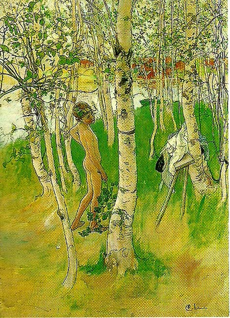 Carl Larsson ulf en naken pojke mellan bjorkstammar-ulf badar pa bullerholmen